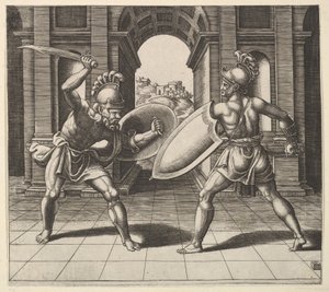 Dos gladiadores luchando frente a un arco, 1530-60 de Master of the Die