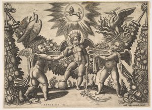 Dos putti presentando copas llenas de oro a un putto en la apariencia del dios de las riquezas de Master of the Die