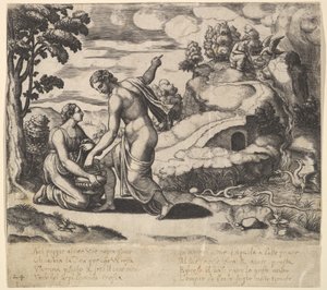 Venus ordenando a Psique que tome agua de una fuente custodiada por dragones de Master of the Die