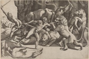 Cinco hombres luchando contra bestias de Master of the Die after Giulio Romano