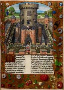 Bel Acueil (Bella Bienvenida) prisionera de Jalousie (Celos) en una torre custodiada por soldados, de 