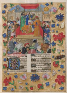 David coronado Rey de Israel.
El Salterio. Saúl unge a David y coronación de David como rey de Israel. Salmo 26, que comienza con la inicial "D" decorada. Bordes decorados en trampantojo con flores e insectos. de Master of the Dresden Prayer Books