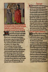 La miniatura muestra a Jalousie (Celos) hablando con Bel Accueil (Buena Bienvenida) de 