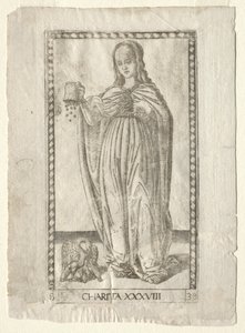 Caridad del Tarocchi, serie B: Principios Cósmicos y Virtudes, #38, antes de 1467 de Master of the E Series Tarocchi