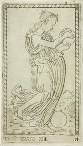 Erato, placa catorce de Apolo y las musas de Master of the E Series Tarocchi