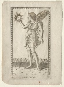 Genio del Sol de los Tarocchi, serie B: Principios Cósmicos y Virtudes, #31, antes de 1467 de Master of the E Series Tarocchi