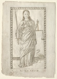 Justicia del Tarocchi, serie B: Principios Cósmicos y Virtudes, #37, antes de 1467 de Master of the E Series Tarocchi