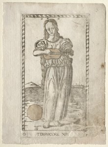 Terpsícore bailando y cantando de la serie Tarocchi, antes de 1467 de Master of the E Series Tarocchi
