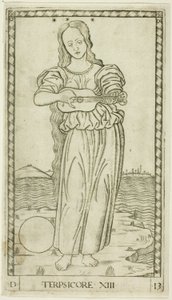 Terpsícore, lámina trece de Apolo y las Musas de Master of the E Series Tarocchi