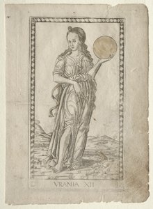 Urania astronomía de la serie Tarocchi D: Apolo y las Musas, #12, antes de 1467 de Master of the E Series Tarocchi