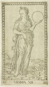 Urania, lámina doce de Apolo y las musas de Master of the E Series Tarocchi