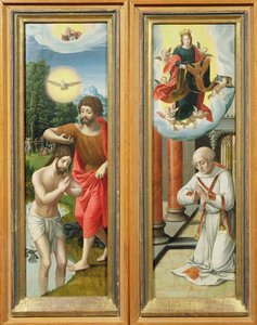 El Bautismo de Cristo y San Ildefonso: Un Par de Alas de Retablo de Master of the Female Half Lengths