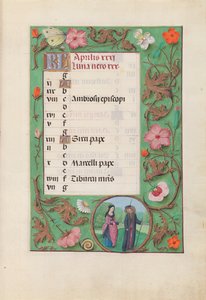 Horas de la Reina Isabel la Católica, Reina de España: Fol. 5r, Abril - Escudero y Dama, c. 1500