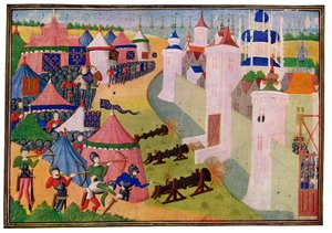 El asalto a la ciudad fortificada de África, siglo XV de Master of the Harley Froissart