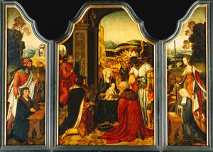 Tríptico: Adoración de los Magos, con San Jaime presentando al donante y Santa Catalina de Alejandría presentando a la esposa del donante y sus dos hijas de Master of the Holy Blood