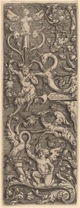 Ornamento con un Cupido, un Sátiro y Figuras Grotescas de Master of the Horse Heads