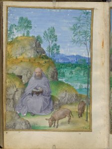 San Antonio abad en el desierto, miniatura de las Horas Blancas de Emerson. de Master of the Houghton Miniatures