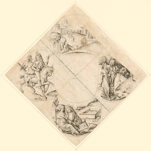 Diseño para un cuatrifolio con un castillo, dos amantes, una doncella tentada por un bufón, una pareja sentada junto a un abrevadero y un caballero y su amante montados a caballo