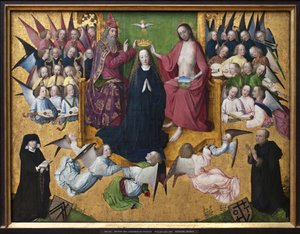 La coronación de María. Representación de la Santísima Trinidad: Dios, Jesucristo y la paloma del Espíritu Santo de Master of the Lyversberg Passion