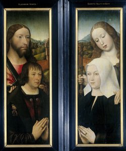 Dos alas de un tríptico con el donante, Tomás Isaacq, acompañado de Santo Tomás (izquierda, ala exterior), y la esposa del donante acompañada de Santa Margarita (derecha, ala exterior)
