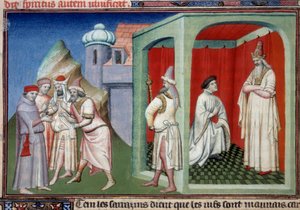 Juan de Mandeville y el Sultán. Controversia entre cristianos y musulmanes representada por Jean de Mandeville y el Sultán de los sarracenos. Miniatura en “El Libro de las Maravillas del Mundo” de Master of the Mazarine