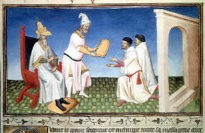 Marco y Mattia Polo recibiendo donaciones de Kubilay Khan, - Miniatura tomada de "El libro de las maravillas" ("Devisement of the World", "Il Milione") de Marco Polo (1254-1324) (Ms. 2810, Folio 3v) iluminada por el Maestro de Mazarine, circa 1410-1412 de Master of the Mazarine