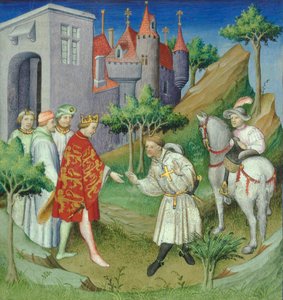Sir John Mandeville y el Rey de Inglaterra, frontispicio de "Le Livre des Merveilles", París, c. 1420 (manuscrito)