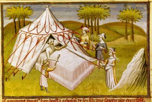 El líder mongol Gengis Khan en su lecho de muerte dando sus últimas recomendaciones a sus hijos, c.1410 (miniatura)