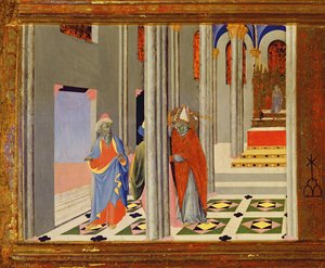 San Ambrosio rechaza al Emperador Romano Teodosio I el Grande la entrada a la Iglesia en Milán (detalle)