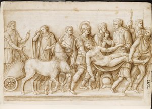 Verso: El retorno de Meleagro, de un sarcófago romano, Roma, Palacio Barberini, c.1512-17 (pluma y tinta marrón con aguada marrón) de Master of the Oxford Album