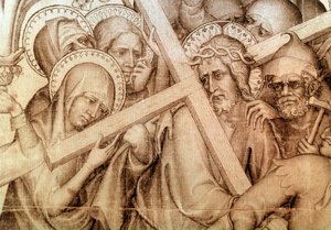 Paramento de Narbona: Cristo con la cruz (grisalla sobre seda) de Master of the Parement of Narbonne