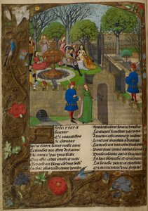 Harley_4425_f12v Laudista y cantantes en un jardín amurallado. El amante y Dame Oyseuse (Ociosidad) fuera de los muros del jardín, ilustración de 
