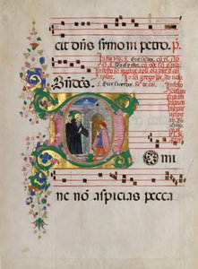 Hoja de manuscrito con San Benito resucitando a un niño en una inicial D, de un antifonario de Master of the Riccardiana Lactantius