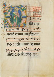 Hoja de manuscrito con la Fiesta de San Andrés en una inicial M ..., segunda mitad del siglo XV de Master of the Riccardiana Lactantius