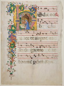 Hoja de manuscrito con la Natividad en una inicial H, de un antifonario, segunda mitad del siglo XV de Master of the Riccardiana Lactantius