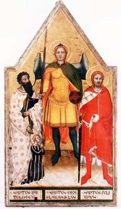 San Miguel Arcángel con San Bartolomé y San Julián de Master of the Rinuccini Chapel