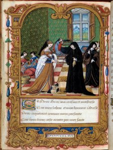 Margarita de Angulema (1492-1549) Reina de Navarra presenta su libro a la Duquesa de Étampes y favorita de Francisco I, Ana Pisseleu de Master of the Rohan Hours