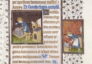 Ms 62 f.215r San Eligio haciendo un santuario; San Eligio en un yunque, de un Libro de Horas de Master of the Rohan Hours