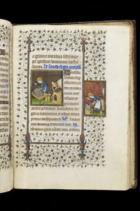 San Eligio haciendo un Santuario; San Eligio en un Yunque, de un Libro de Horas, c.1445-50 de Master of the Rohan Hours
