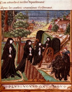Representación de la Reina de Navarra Margarita de Angulema (1492-1549) rodeada de sus damas de compañía subiendo a un carruaje para un paseo. Página del manuscrito 