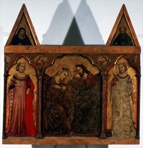 Tríptico: Coronación de la Virgen flanqueada por dos santos de Master of the Urbino Coronation