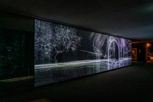 Ecolocalización, 2021 (proyección de vídeo de 3 canales sobre malla de polipropileno) de Mat Collishaw