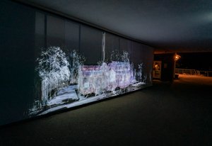 Ecolocalización, 2021 (proyección de vídeo de 3 canales sobre malla de polipropileno)