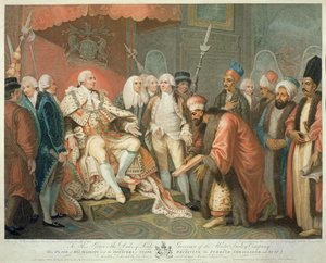 Su Majestad y Oficiales del Estado Recibiendo al Embajador Turco y su Comitiva, grabado por Daniel Orme, publicado por Edward Orme, 1797 de Mather Brown