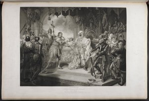 Rey Ricardo II. Acto IV. Escena I.Rey Ricardo, Bolingbroke, York, Aumerle, etc. En la Casa del Parlamento, c.1803 (grabado) de Mather Brown