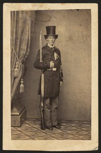 James Henry Lane (1814-1866), político y líder del Partido del Estado Libre de Kansas, retrato de cuerpo entero, con arma (foto sepia)