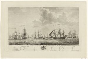 Flota de guerra holandesa frente a Rammekens, 1782-1783 Vista de los barcos de guerra nacionales, bajo el mando del contraalmirante, van Kruyne, en la rada de Rammekens, en den Jaare 1782 y 1783 (título sobre el objeto) de Mathias de Sallieth