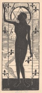 Mujer desnuda de pie cerca de los tallos de las plantas
Esforzarse por lo más alto (título original)
Doce xilografías (título de la serie) de Mathieu Lauweriks