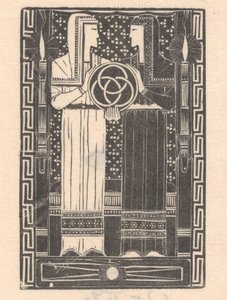 Dos figuras sosteniendo un círculo con anillos
El espíritu de los tiempos (título original)
Doce xilografías (título de la serie) de Mathieu Lauweriks