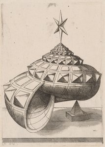 Perspectiva de una concha de caracol facetada equilibrada en una pirámide de Mathis Zündt, after Hans Lencker